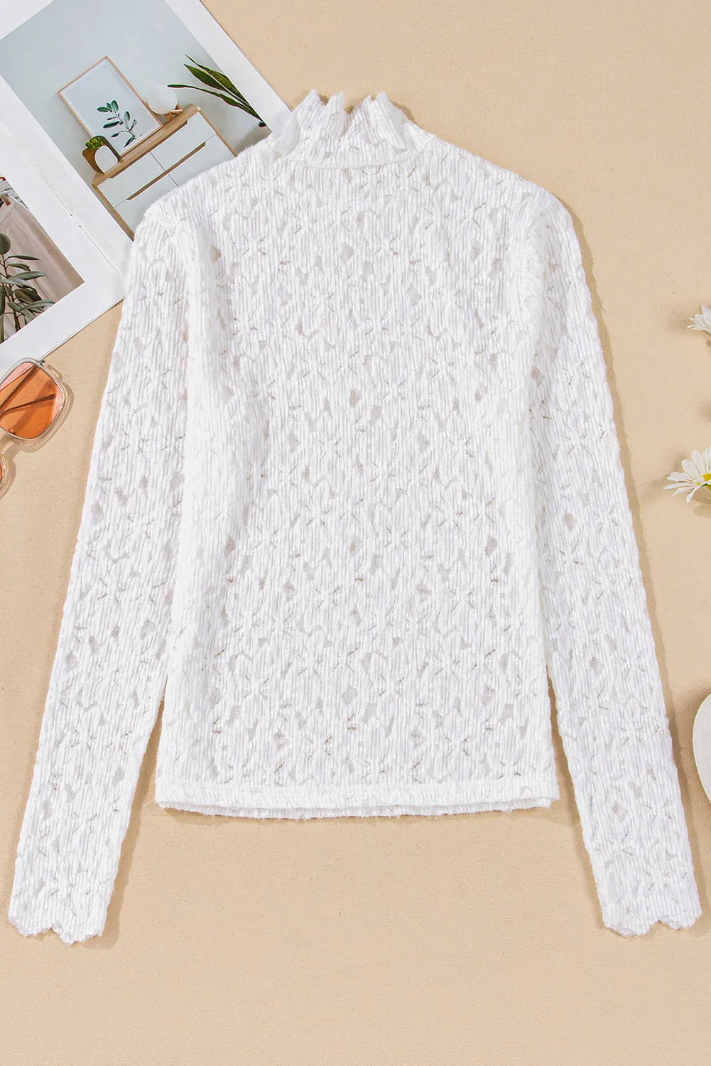 1. White Lace Flower See Through Slim Fit Long Sleeve Top