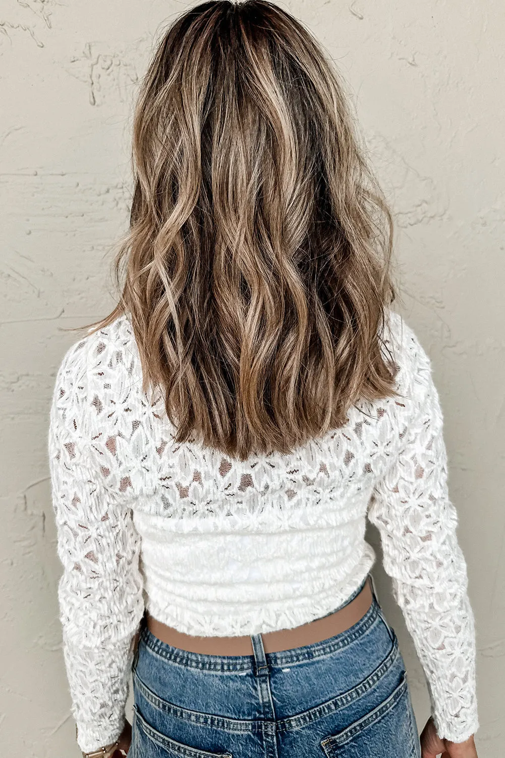 1. White Lace Flower See Through Slim Fit Long Sleeve Top