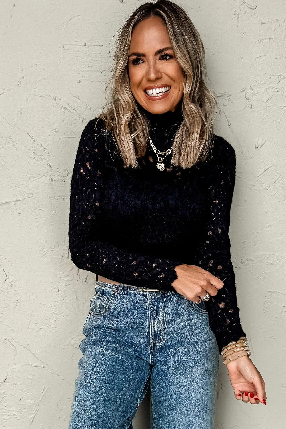 1. White Lace Flower See Through Slim Fit Long Sleeve Top