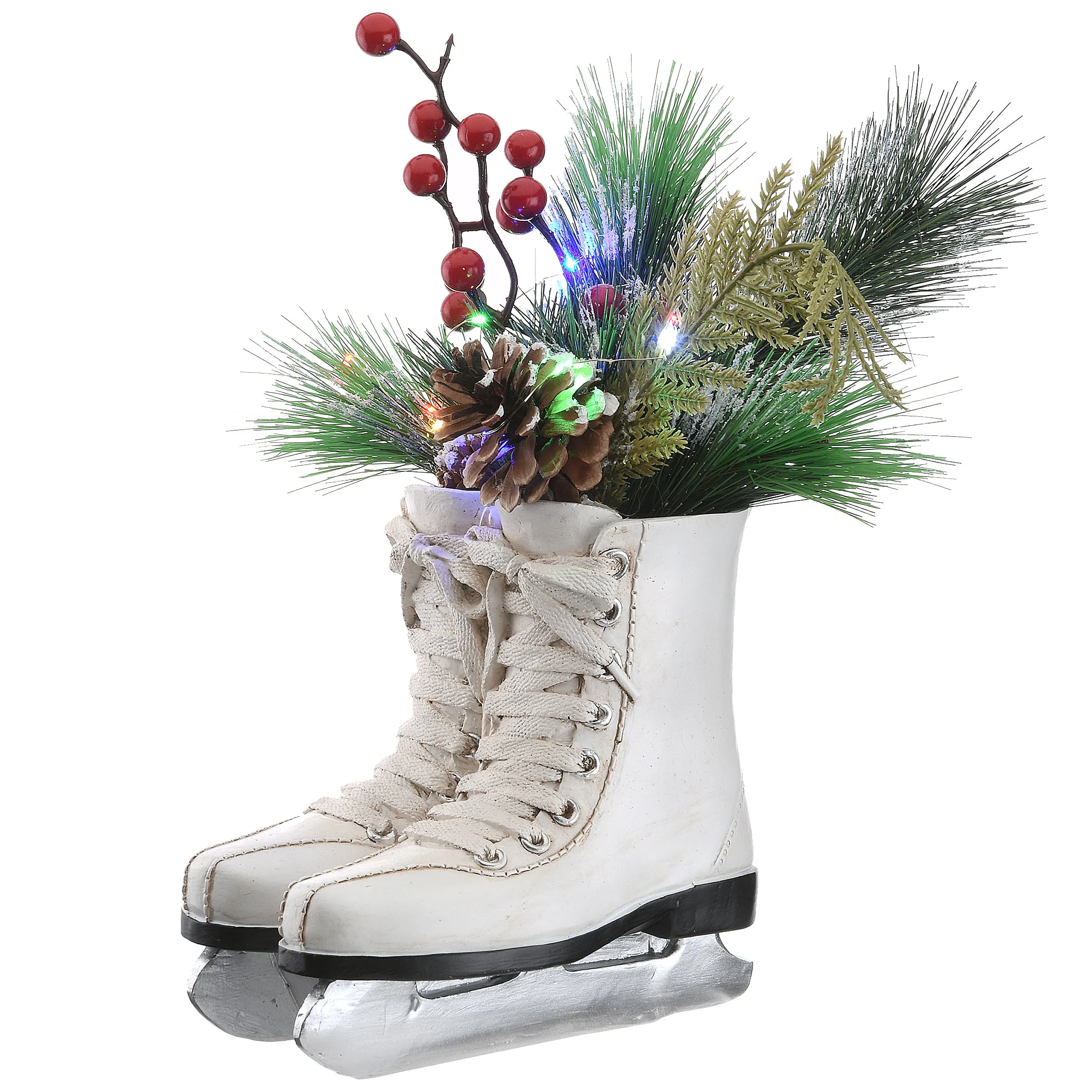12 in. Pre-Lit White Ice Skates with Evergreen Arrangement