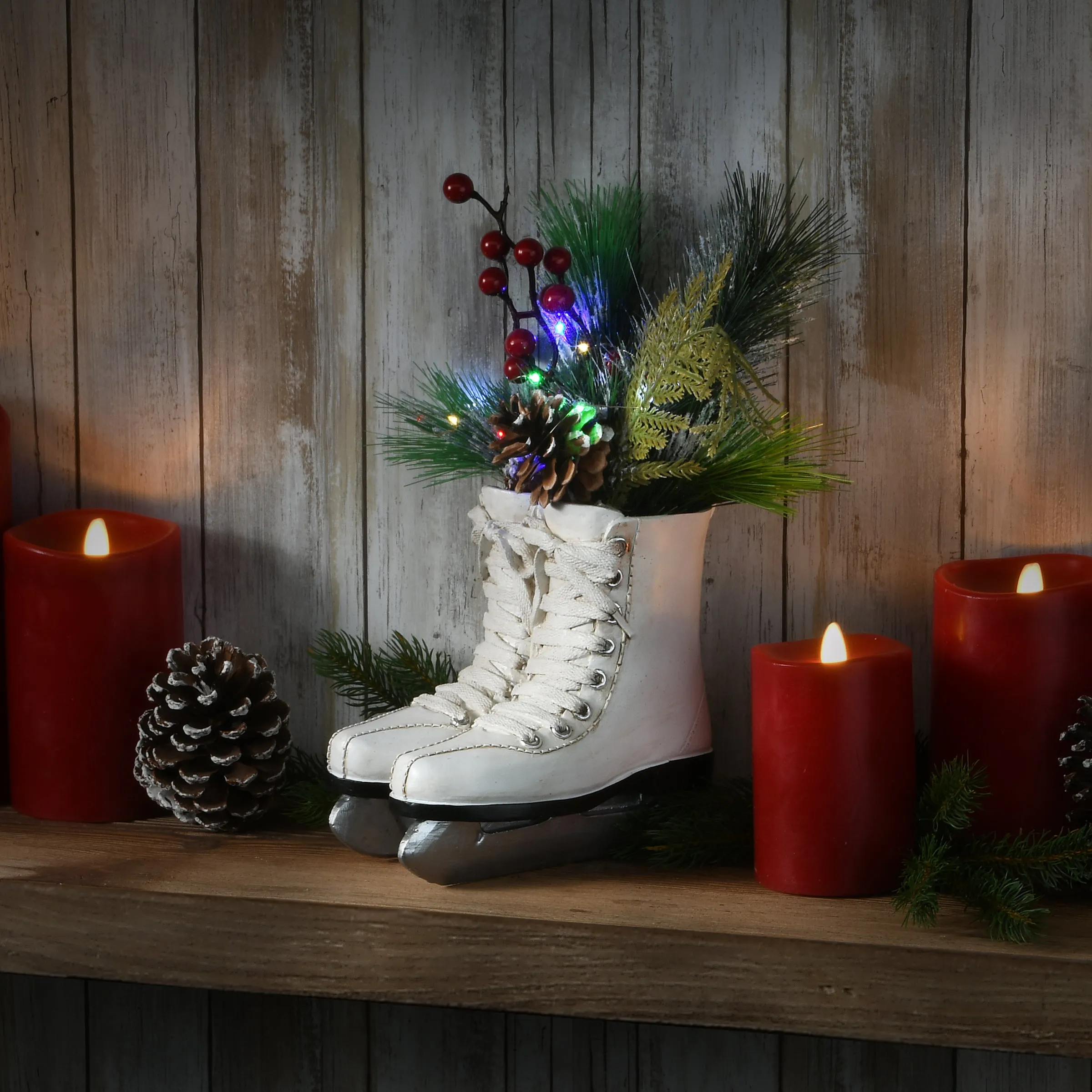 12 in. Pre-Lit White Ice Skates with Evergreen Arrangement