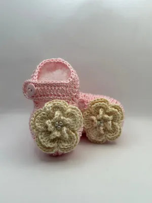 6-9 Months Beige & Pink Flower Shoe