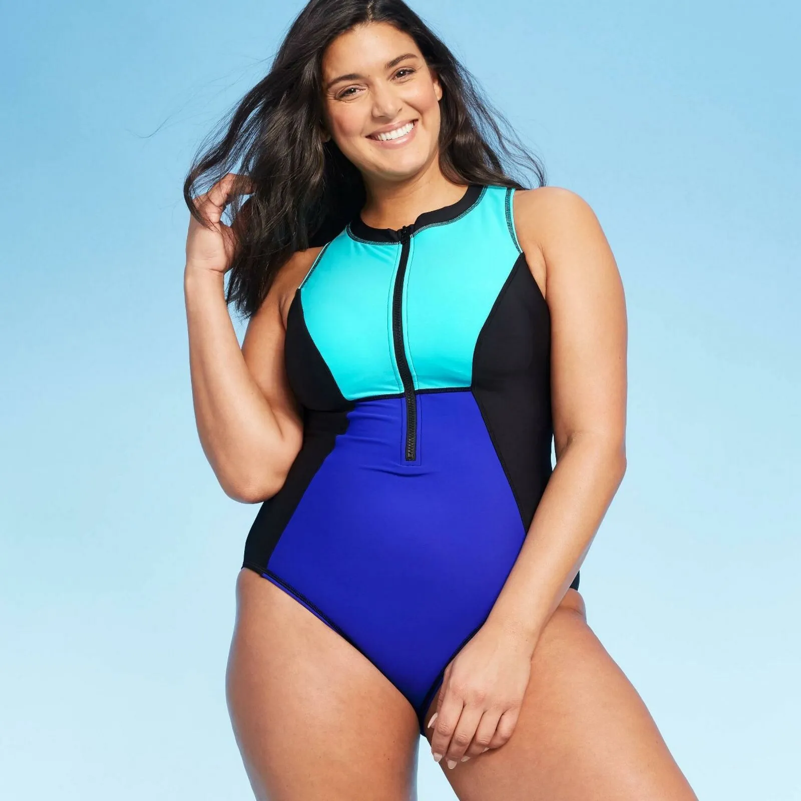 Aqua Green Women's Zip Up One Piece Swimsuit