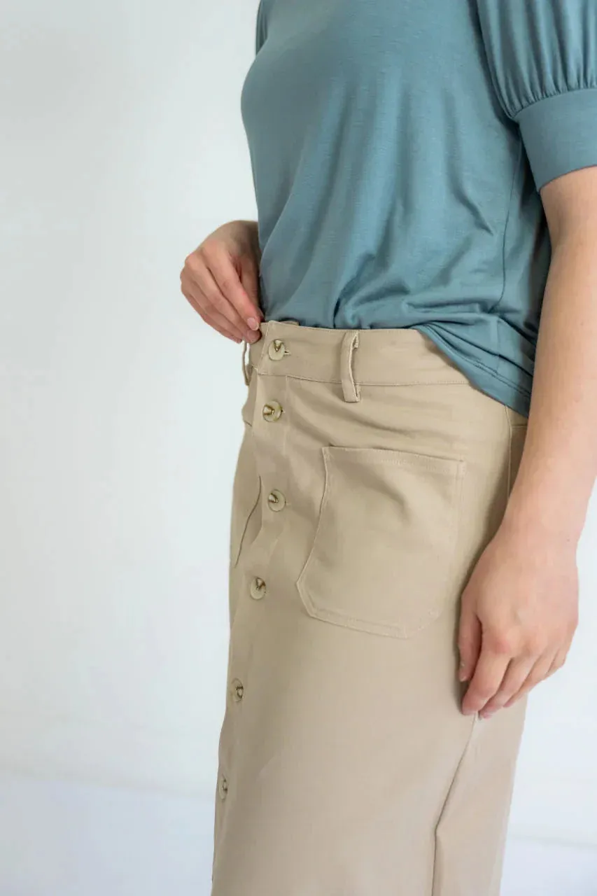 Ashlyn Button Maxi Denim Skirt in Khaki