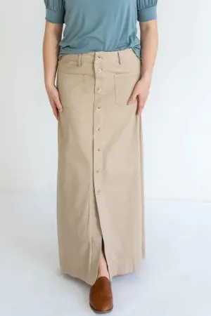 Ashlyn Button Maxi Denim Skirt in Khaki