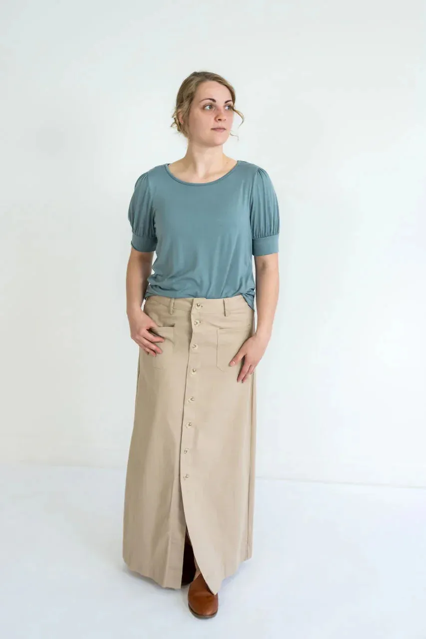 Ashlyn Button Maxi Denim Skirt in Khaki