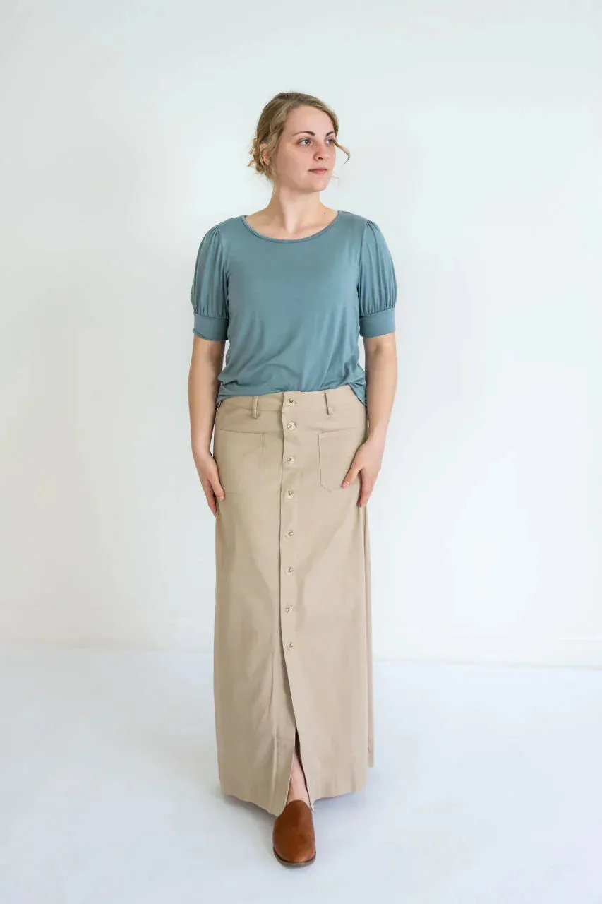 Ashlyn Button Maxi Denim Skirt in Khaki