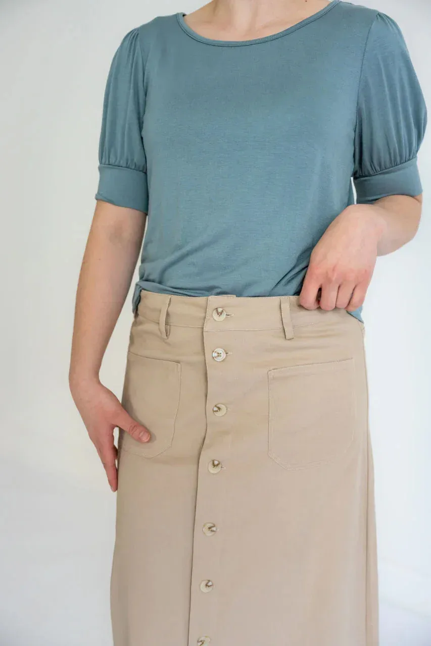 Ashlyn Button Maxi Denim Skirt in Khaki