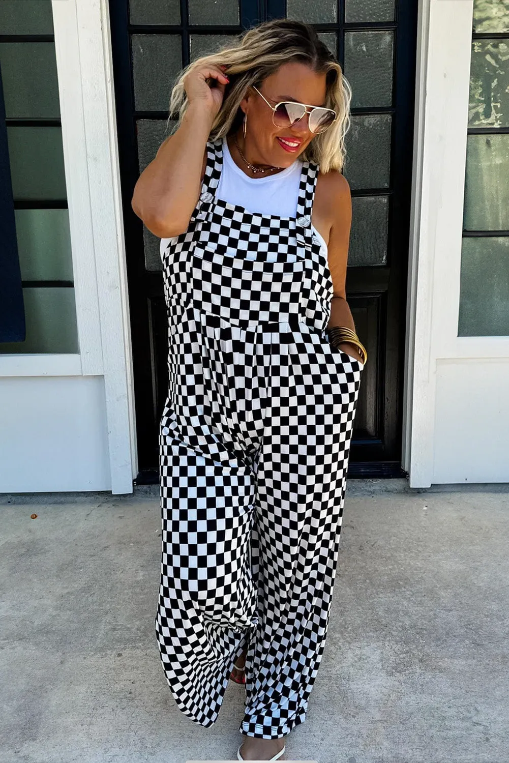 Black Checkered Print Overalls (online only)