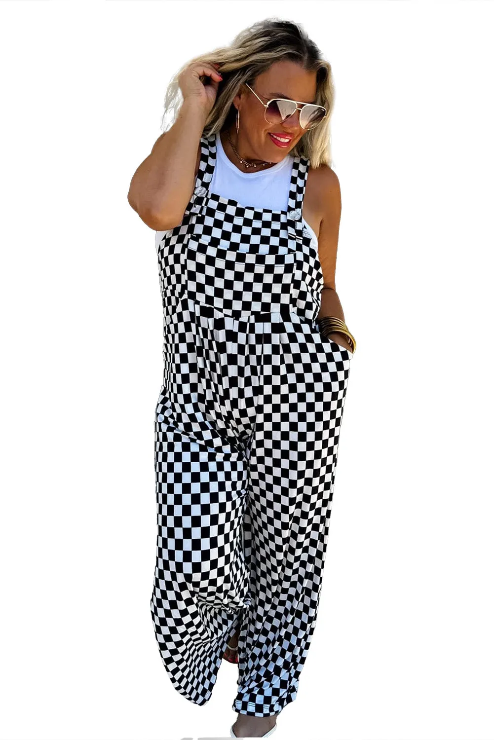 Black Checkered Print Overalls (online only)