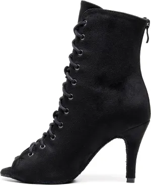 Black Flannelette Dance Shoes Women Suede Ballroom Dance Boots 3.35" Latin Salsa Dress Shoes Performance Practice Footwear