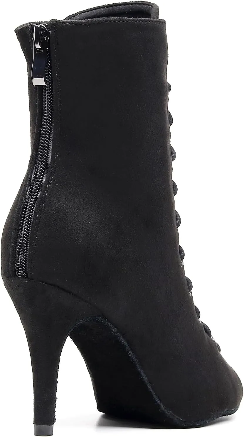 Black Flannelette Dance Shoes Women Suede Ballroom Dance Boots 3.35" Latin Salsa Dress Shoes Performance Practice Footwear