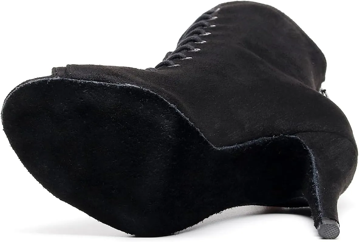 Black Flannelette Dance Shoes Women Suede Ballroom Dance Boots 3.35" Latin Salsa Dress Shoes Performance Practice Footwear