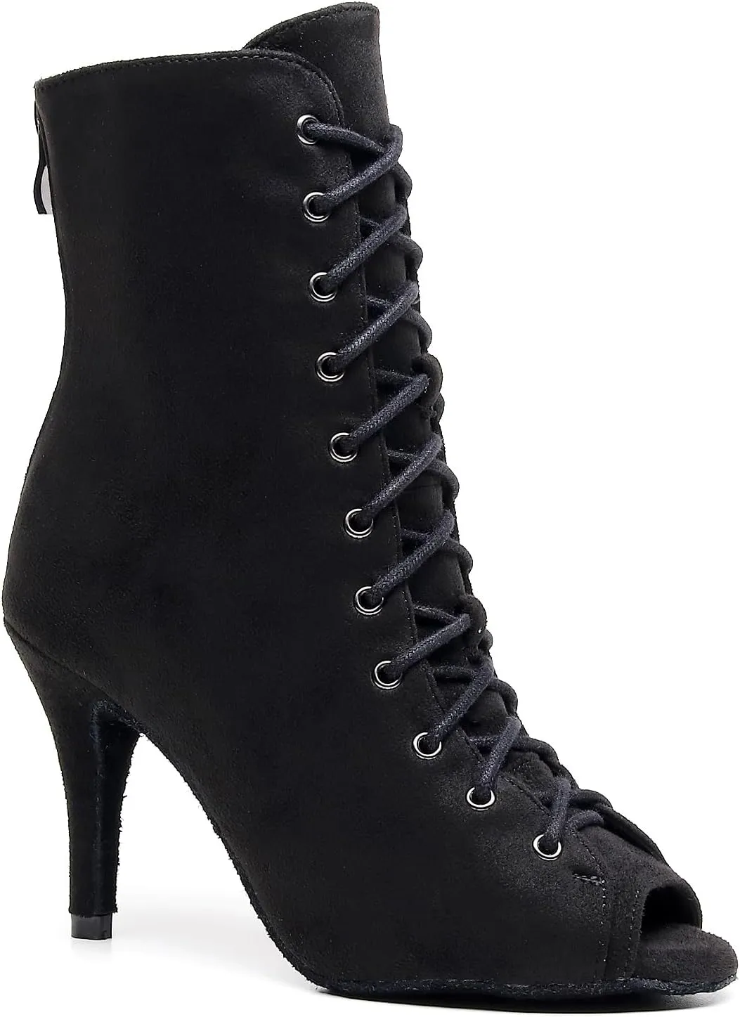 Black Flannelette Dance Shoes Women Suede Ballroom Dance Boots 3.35" Latin Salsa Dress Shoes Performance Practice Footwear