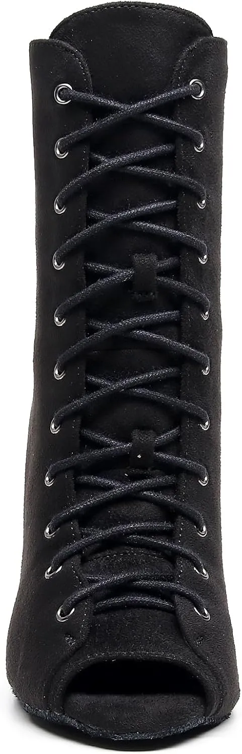 Black Flannelette Dance Shoes Women Suede Ballroom Dance Boots 3.35" Latin Salsa Dress Shoes Performance Practice Footwear