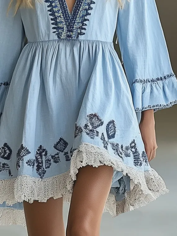 Casual Holiday Cotton Linen Blue Long Sleeve Mini Dress