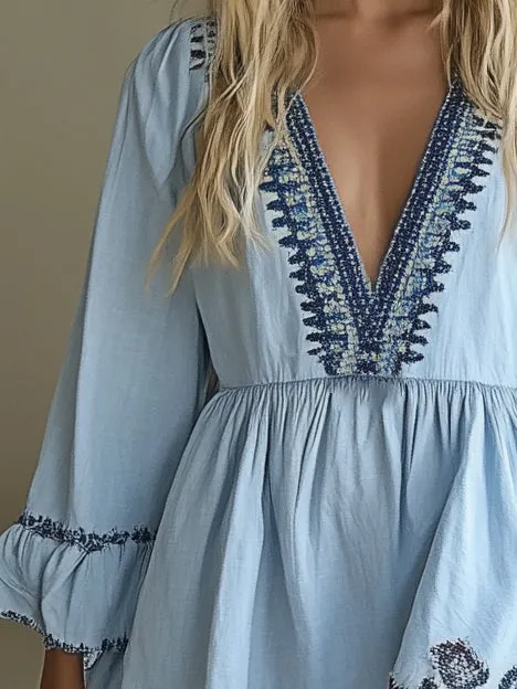 Casual Holiday Cotton Linen Blue Long Sleeve Mini Dress