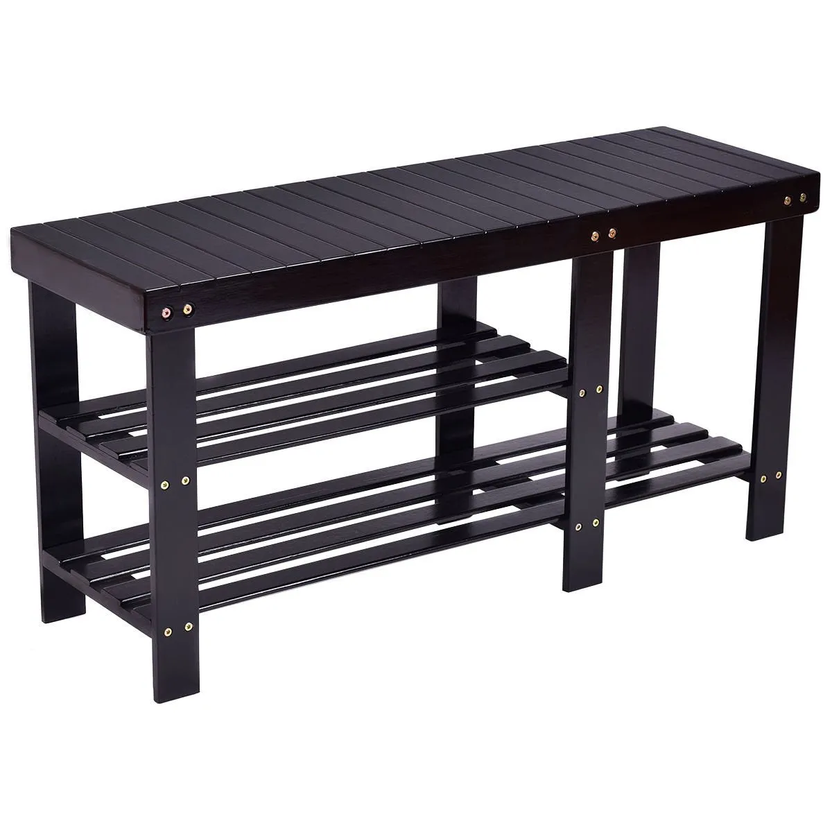 COSTWAY 2-Tier Bamboo Shoe Bench Boot Rack Entryway Furniture (Black)