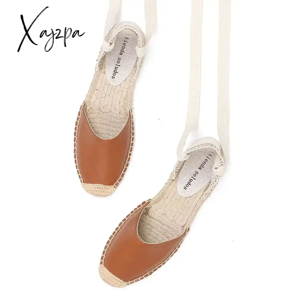 Espadrilles Sandals Shoes Fashionable Genuine Leather T-Strap Platform Womens Sandals Women's Casual Lace-up