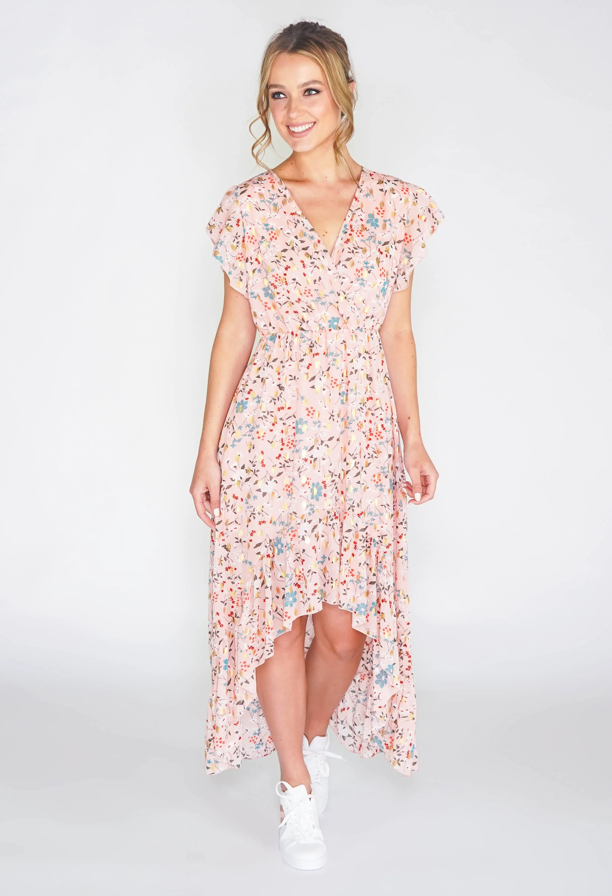Floral high low dress with foil detail in pink -1