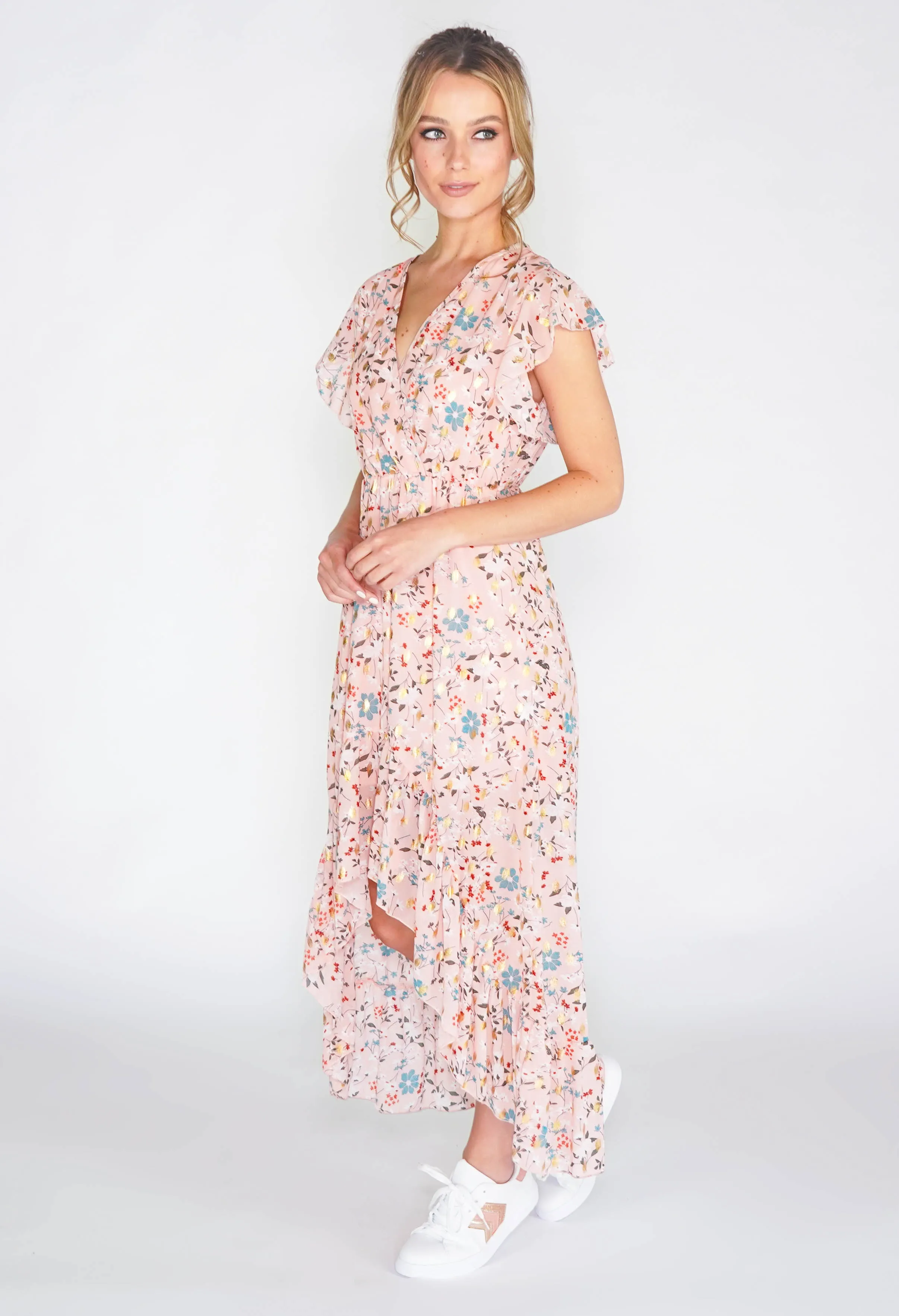 Floral high low dress with foil detail in pink -1
