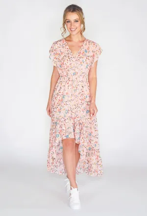Floral high low dress with foil detail in pink -1