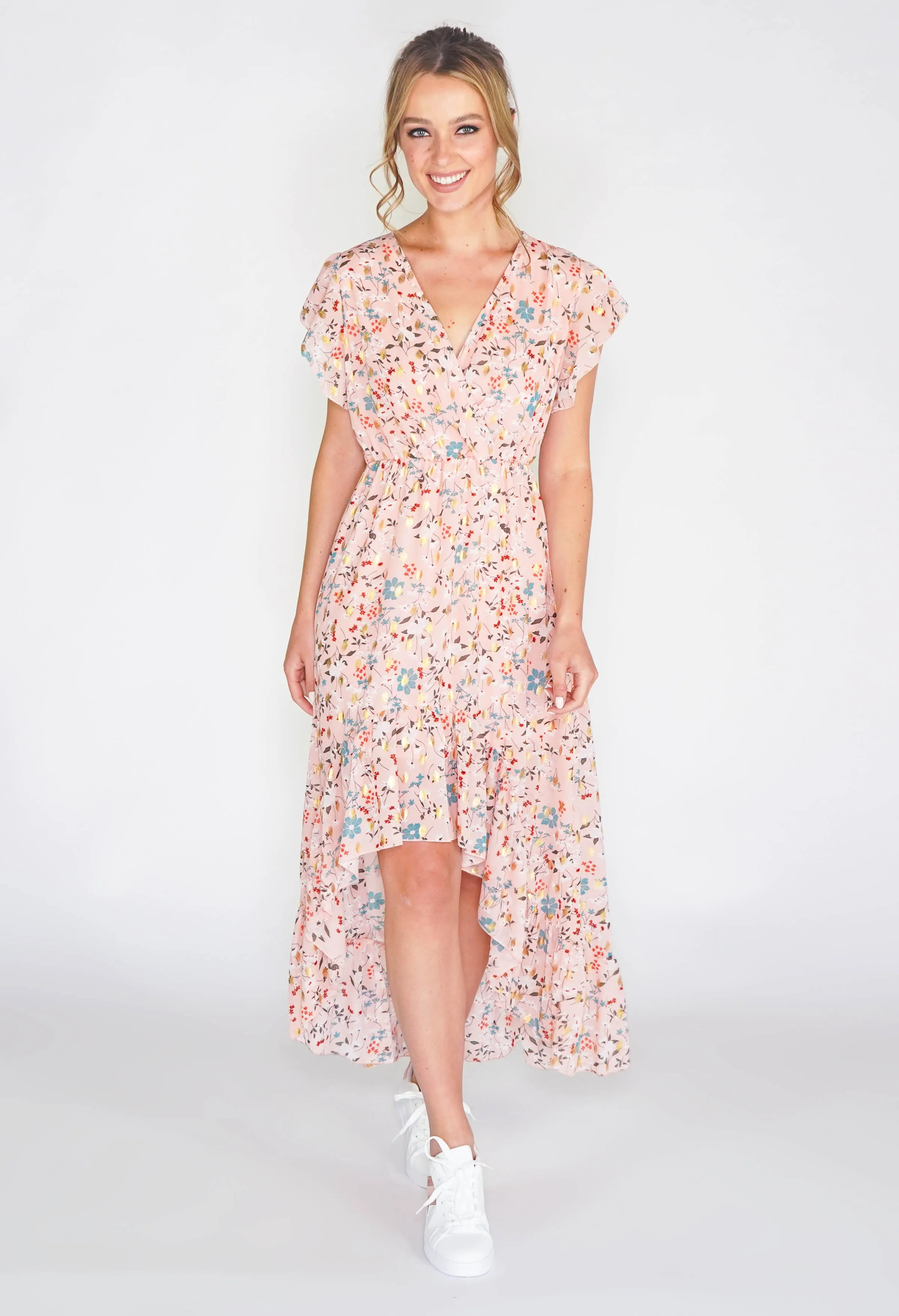 Floral high low dress with foil detail in pink -1