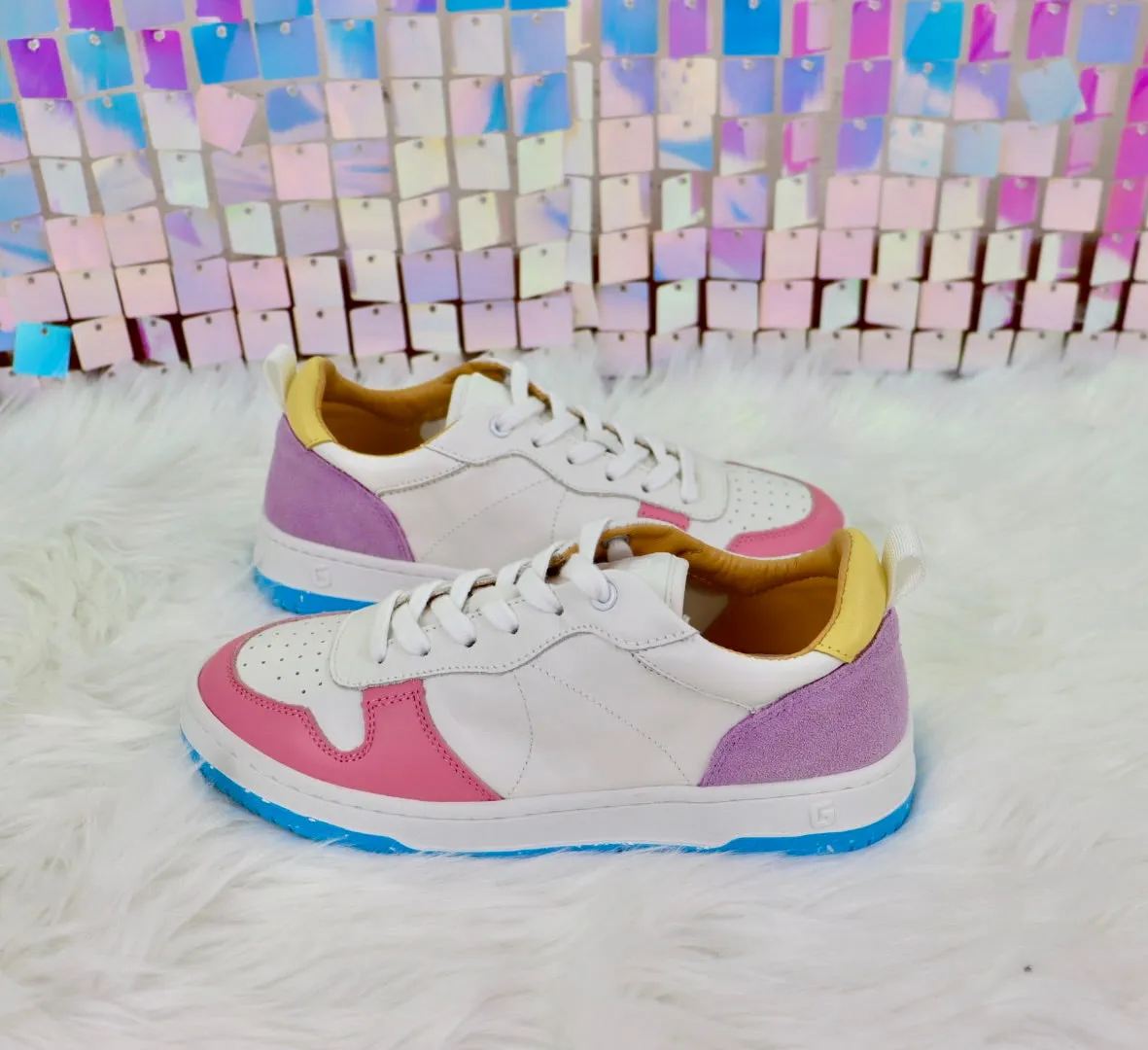 Gadol Sneaker in White with Pink, Blue and Yellow