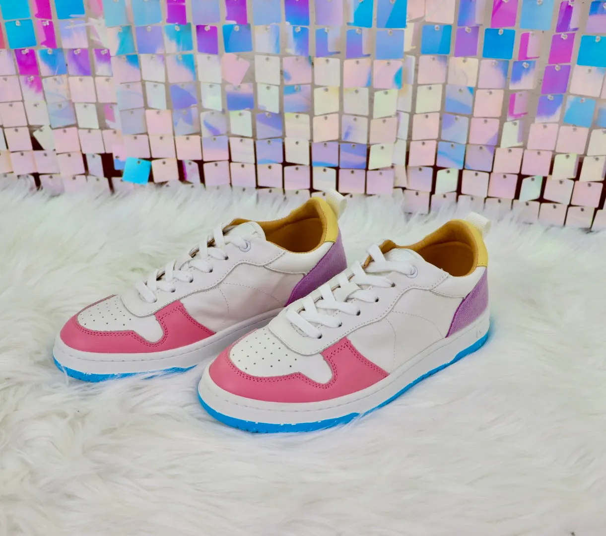 Gadol Sneaker in White with Pink, Blue and Yellow