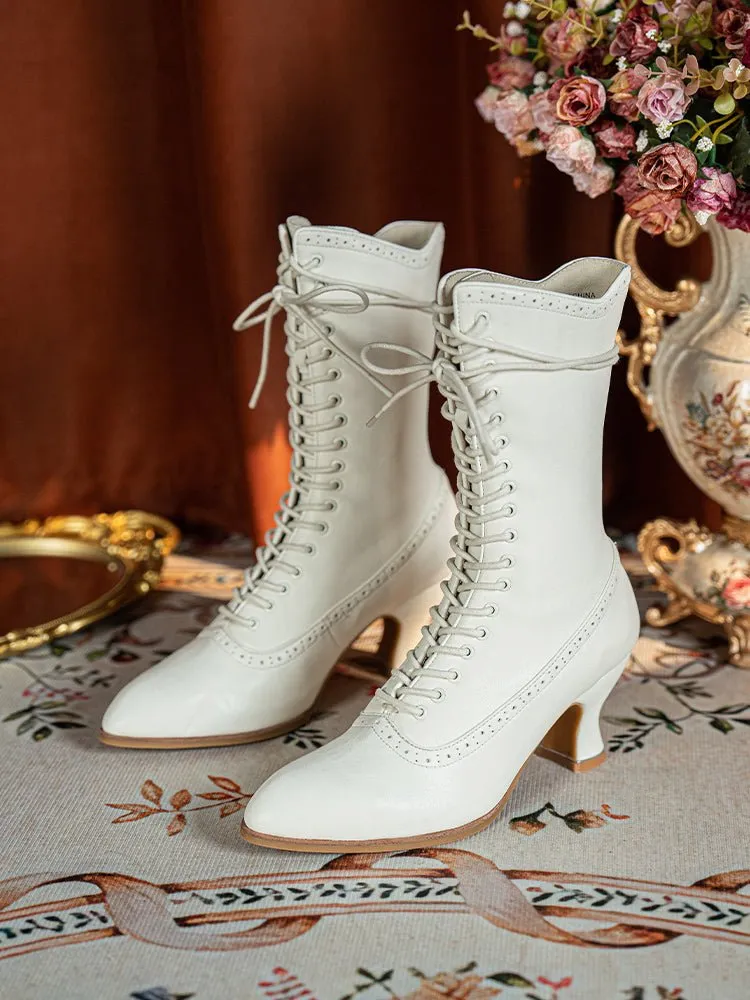 Handmade Victorian-Inspired Lace-Up Two-Tone Boots - Regency Era Vintage Heels