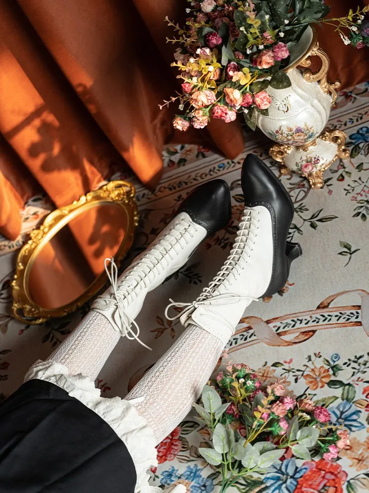 Handmade Victorian-Inspired Lace-Up Two-Tone Boots - Regency Era Vintage Heels