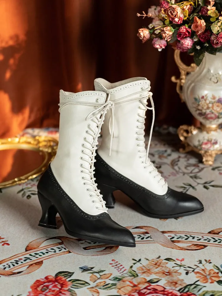 Handmade Victorian-Inspired Lace-Up Two-Tone Boots - Regency Era Vintage Heels