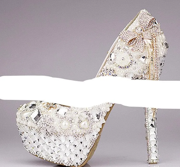 High Heel Waterproof Pearl Light Luxury Crystal Wedding Shoes