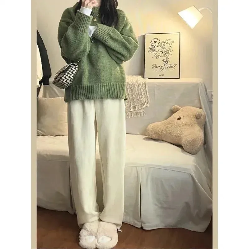Japanese Vintage Green Round Neck Pullover Sweater Women's Loose Fit Casual Style Thickened Autumn Winter Outerwear Knit Top