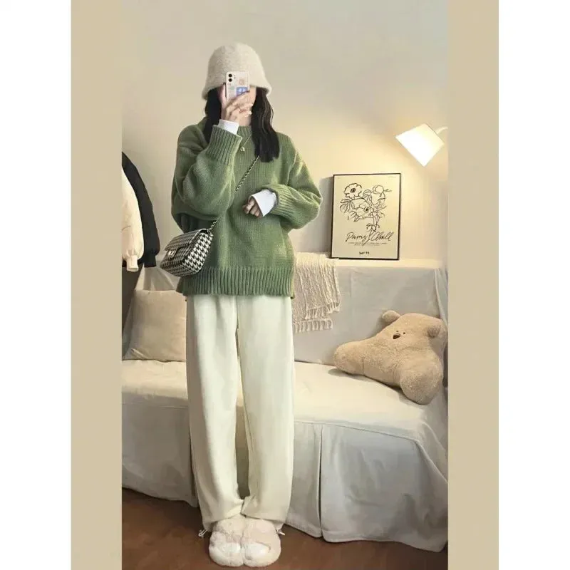 Japanese Vintage Green Round Neck Pullover Sweater Women's Loose Fit Casual Style Thickened Autumn Winter Outerwear Knit Top