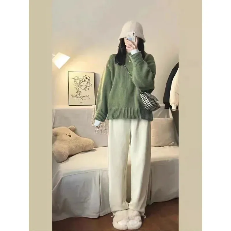 Japanese Vintage Green Round Neck Pullover Sweater Women's Loose Fit Casual Style Thickened Autumn Winter Outerwear Knit Top