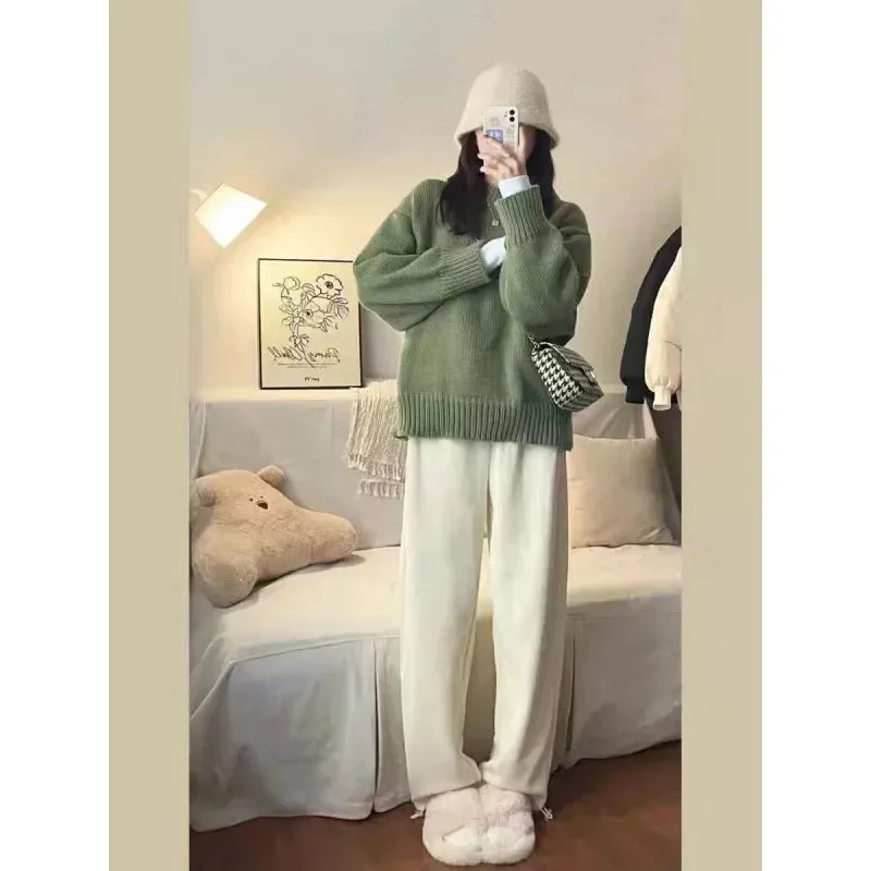 Japanese Vintage Green Round Neck Pullover Sweater Women's Loose Fit Casual Style Thickened Autumn Winter Outerwear Knit Top