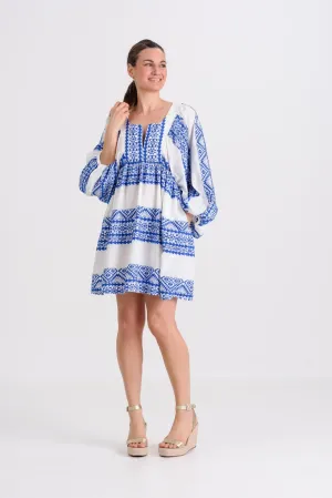Kori Triangle Sleeved Mini Dress | White & Blue