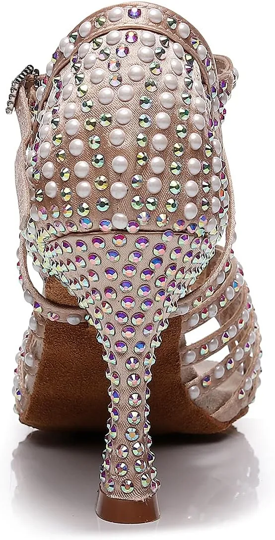 Latin Dance Shoes Salsa Wedding High Heel Shoes 3.35 inch Suede Sole Rhinestone Pumps Pearl Decoration for Women
