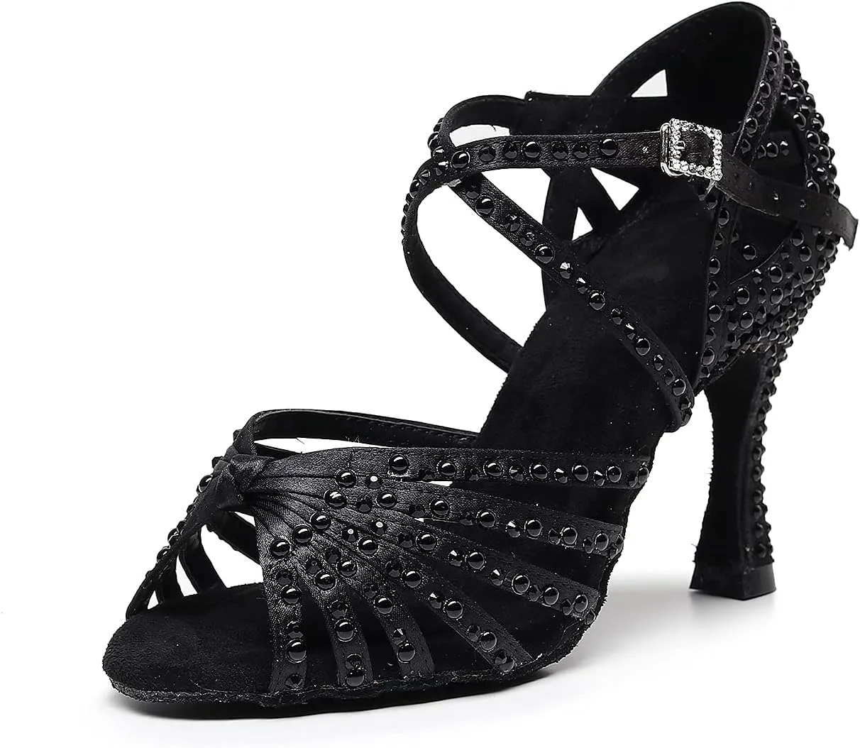 Latin Dance Shoes Salsa Wedding High Heel Shoes 3.35 inch Suede Sole Rhinestone Pumps Pearl Decoration for Women
