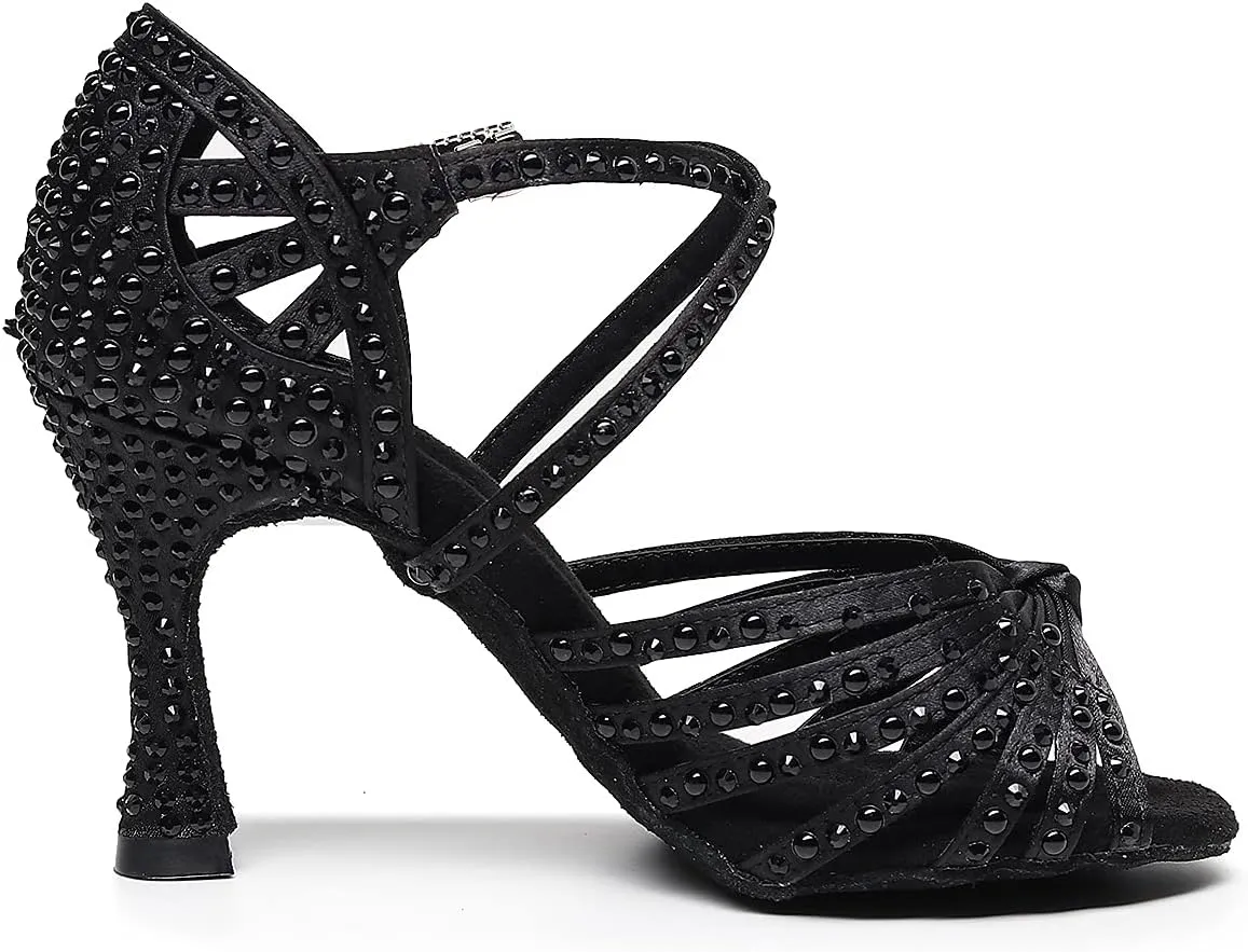 Latin Dance Shoes Salsa Wedding High Heel Shoes 3.35 inch Suede Sole Rhinestone Pumps Pearl Decoration for Women