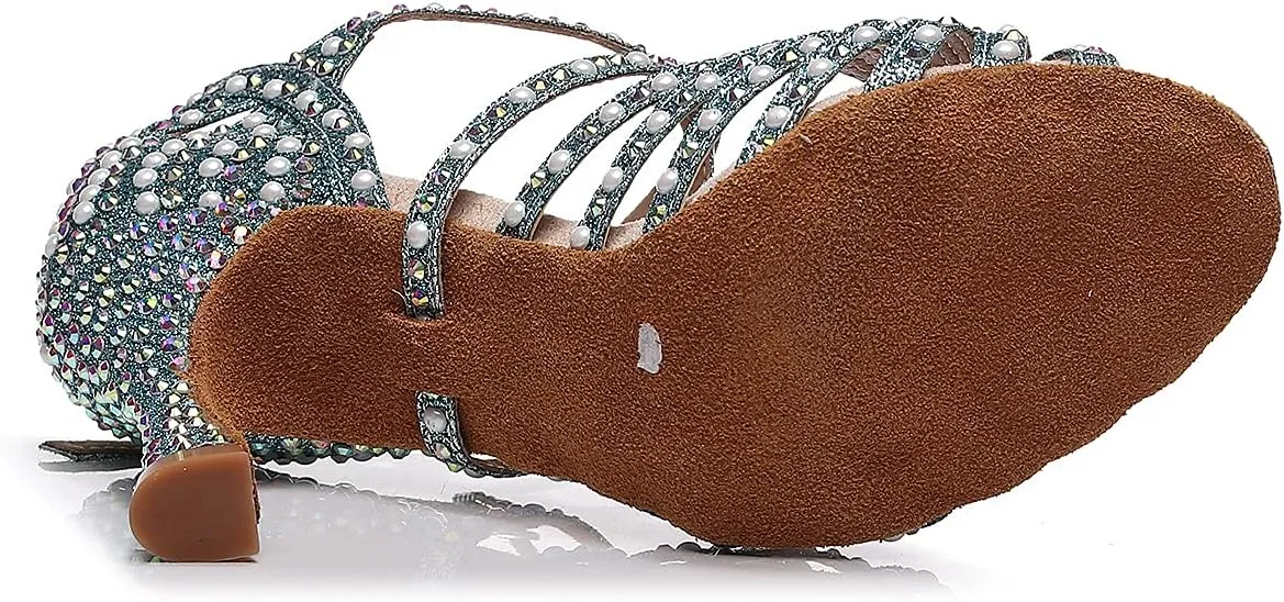 Latin Dance Shoes Salsa Wedding High Heel Shoes 3.35 inch Suede Sole Rhinestone Pumps Pearl Decoration for Women
