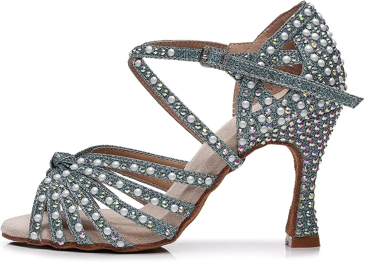 Latin Dance Shoes Salsa Wedding High Heel Shoes 3.35 inch Suede Sole Rhinestone Pumps Pearl Decoration for Women