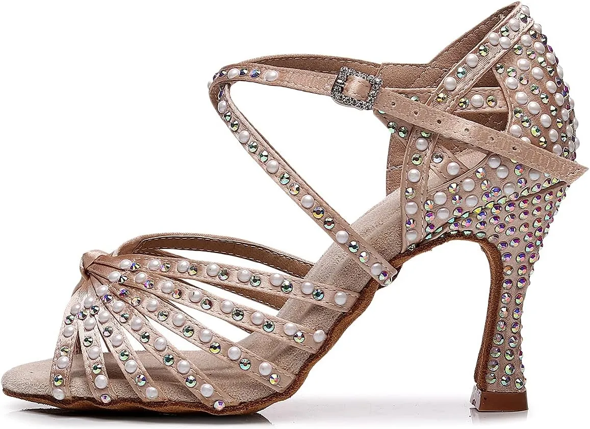 Latin Dance Shoes Salsa Wedding High Heel Shoes 3.35 inch Suede Sole Rhinestone Pumps Pearl Decoration for Women