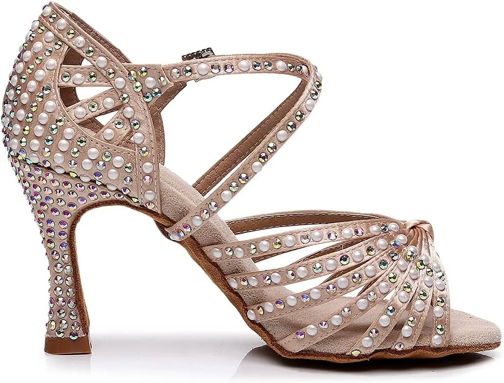 Latin Dance Shoes Salsa Wedding High Heel Shoes 3.35 inch Suede Sole Rhinestone Pumps Pearl Decoration for Women