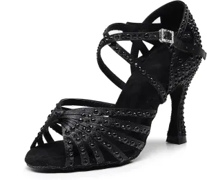 Latin Dance Shoes Salsa Wedding High Heel Shoes 3.35 inch Suede Sole Rhinestone Pumps Pearl Decoration for Women