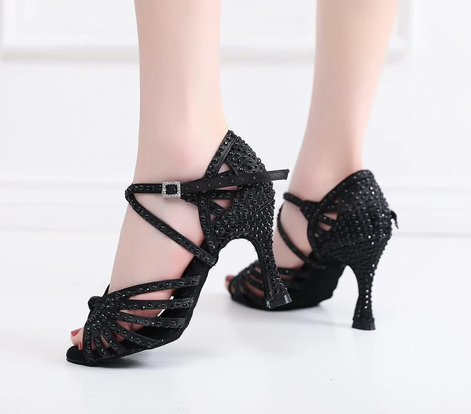 Latin Dance Shoes Salsa Wedding High Heel Shoes 3.35 inch Suede Sole Rhinestone Pumps Pearl Decoration for Women