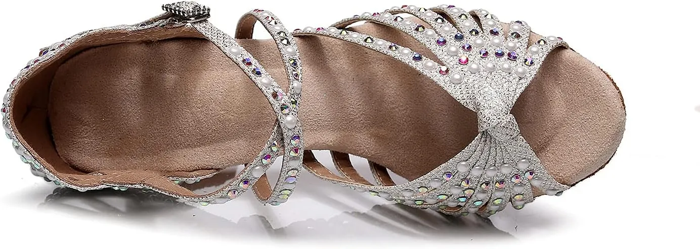 Latin Dance Shoes Salsa Wedding High Heel Shoes 3.35 inch Suede Sole Rhinestone Pumps Pearl Decoration for Women