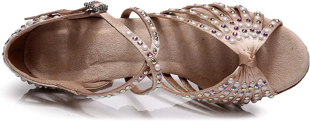 Latin Dance Shoes Salsa Wedding High Heel Shoes 3.35 inch Suede Sole Rhinestone Pumps Pearl Decoration for Women