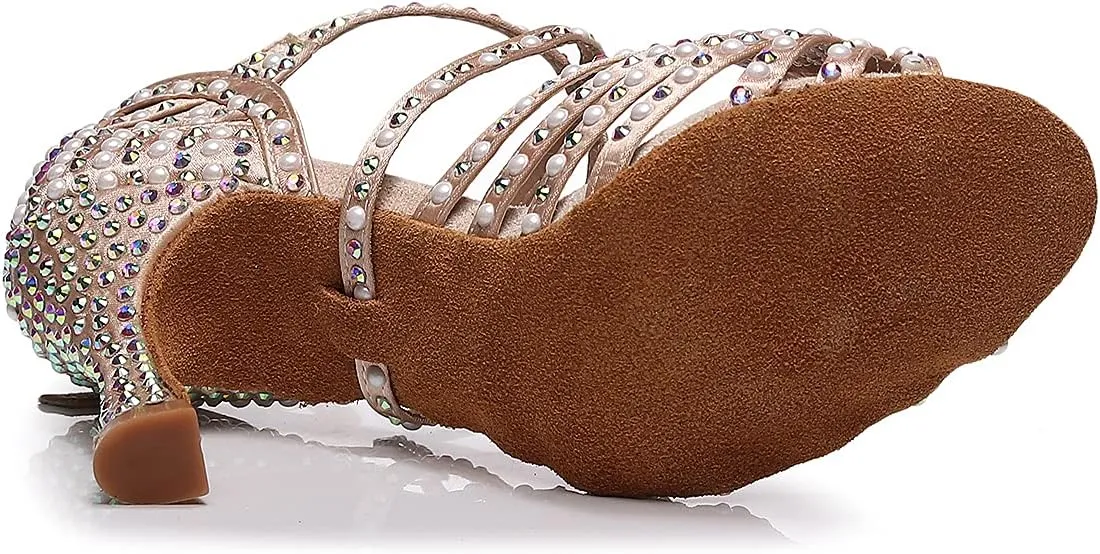 Latin Dance Shoes Salsa Wedding High Heel Shoes 3.35 inch Suede Sole Rhinestone Pumps Pearl Decoration for Women